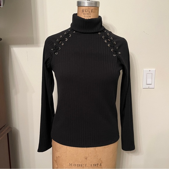 Ribbed Lace Up Long Sleeve Turtleneck - Picture 1 of 7